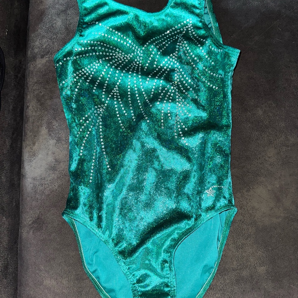 GK Green Sparkly velvet Leotard with Rhinestone Design